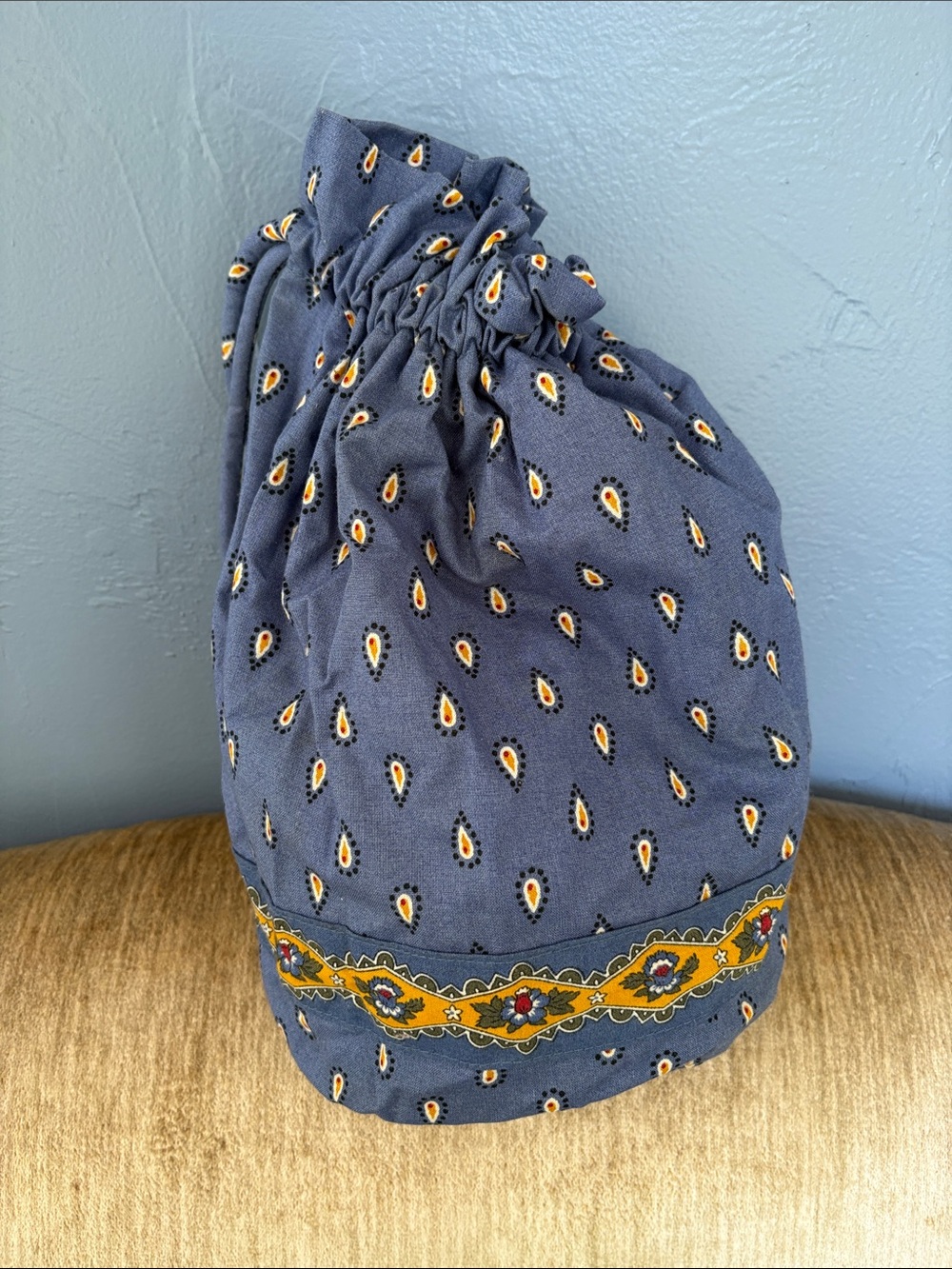 Vera Bradley Blue Drawstring Travel Laundry Pouch with Yellow Floral Trim